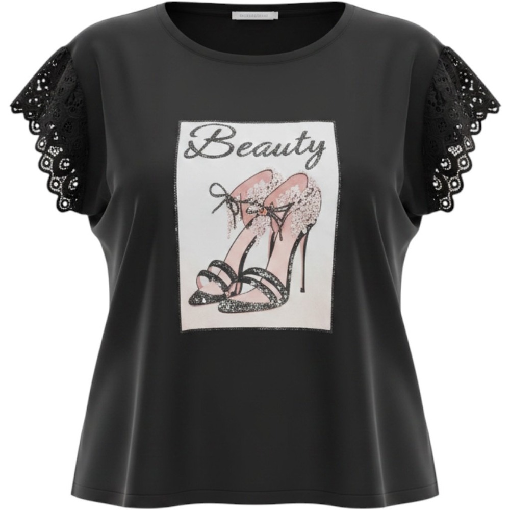 Ko Ko Ailis Womens 2XL Black Graphic Tee Beauty Heels Lace Sleeve T-Shirt Top